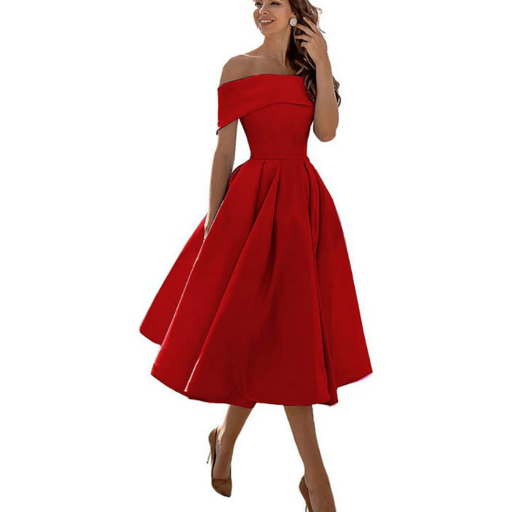 Women Off Shoulder Midi Dress Flared Skirt