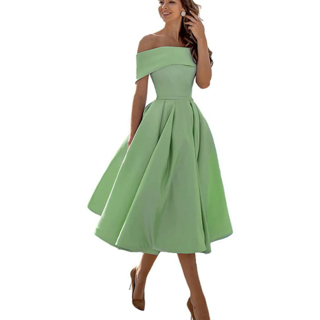 Women Off Shoulder Midi Dress Flared Skirt