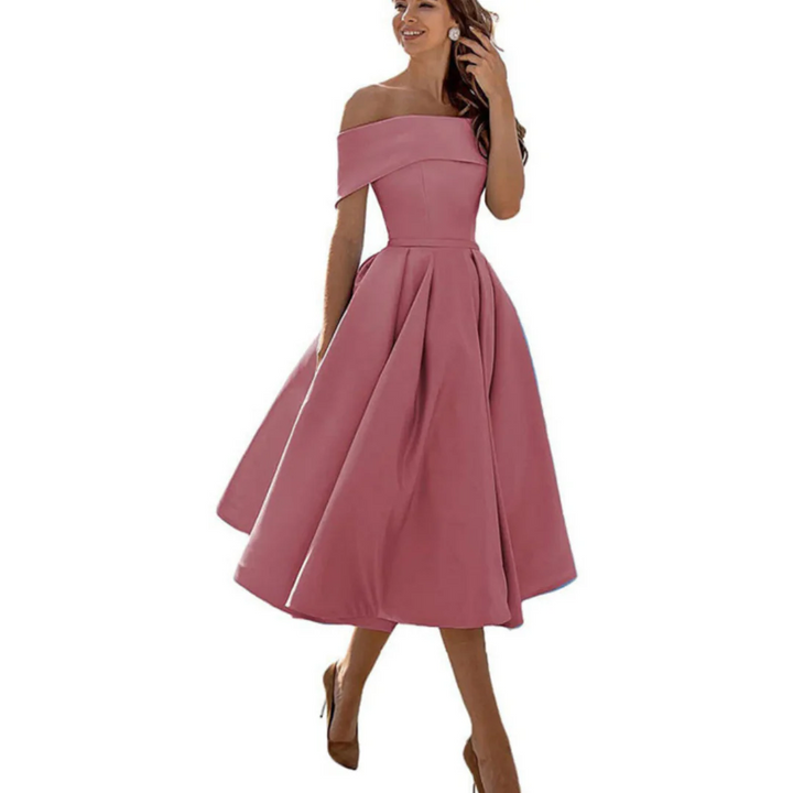 Women Off Shoulder Midi Dress Flared Skirt