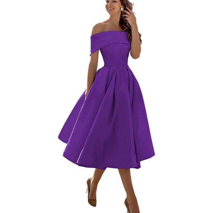 Women Off Shoulder Midi Dress Flared Skirt
