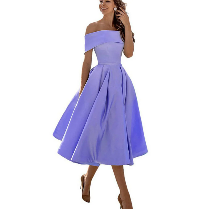 Women Off Shoulder Midi Dress Flared Skirt