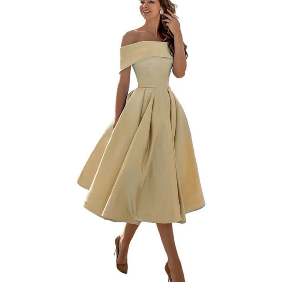 Women Off Shoulder Midi Dress Flared Skirt