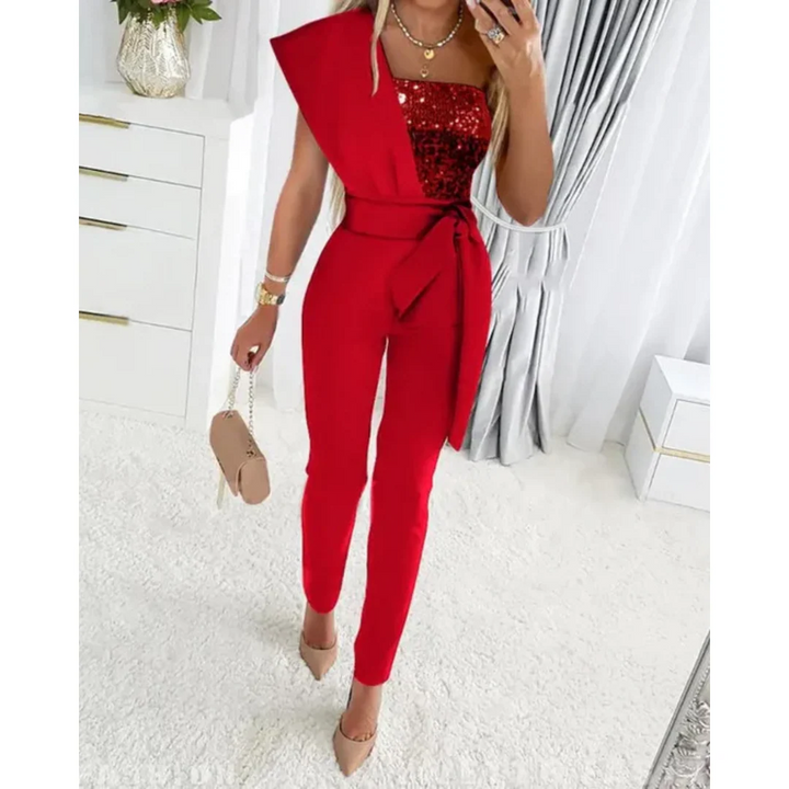 Women One Shoulder Jumpsuit Slim Fit Tie Waist