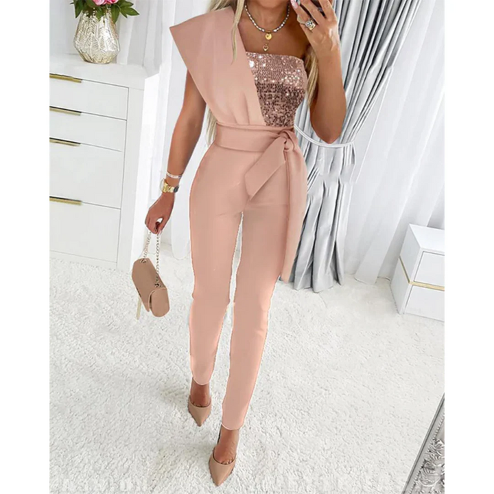 Women One Shoulder Jumpsuit Slim Fit Tie Waist