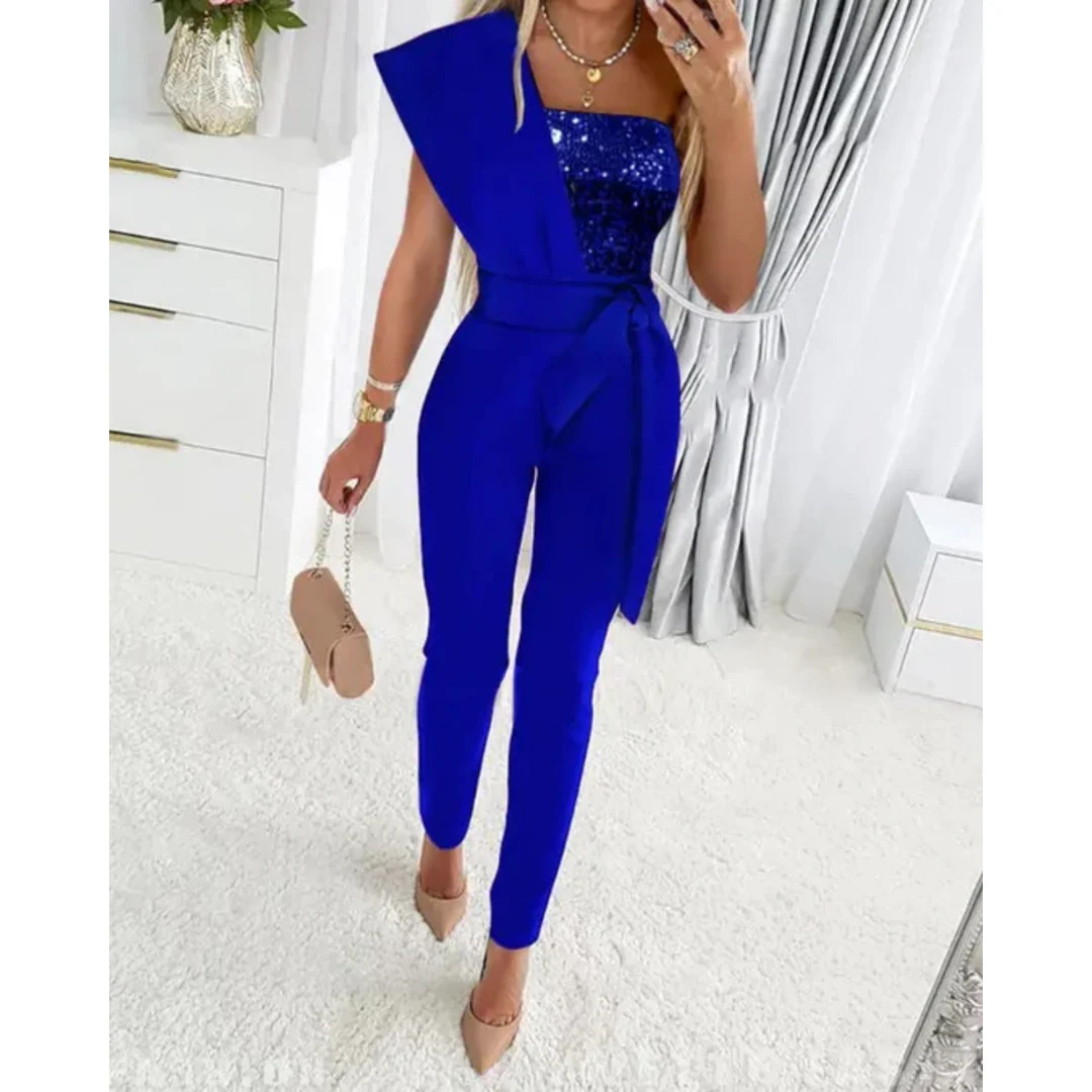 Women One Shoulder Jumpsuit Slim Fit Tie Waist