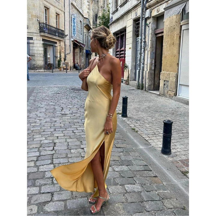 Women Open Back One Shoulder Slit Maxi Dress