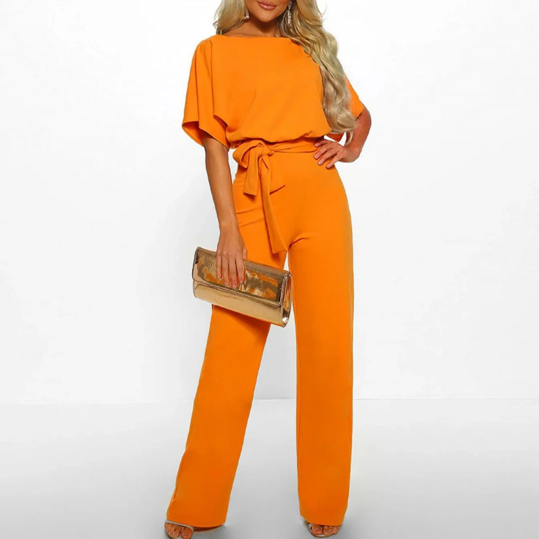 Women Short Sleeve Jumpsuit Wide Leg Tie Waist