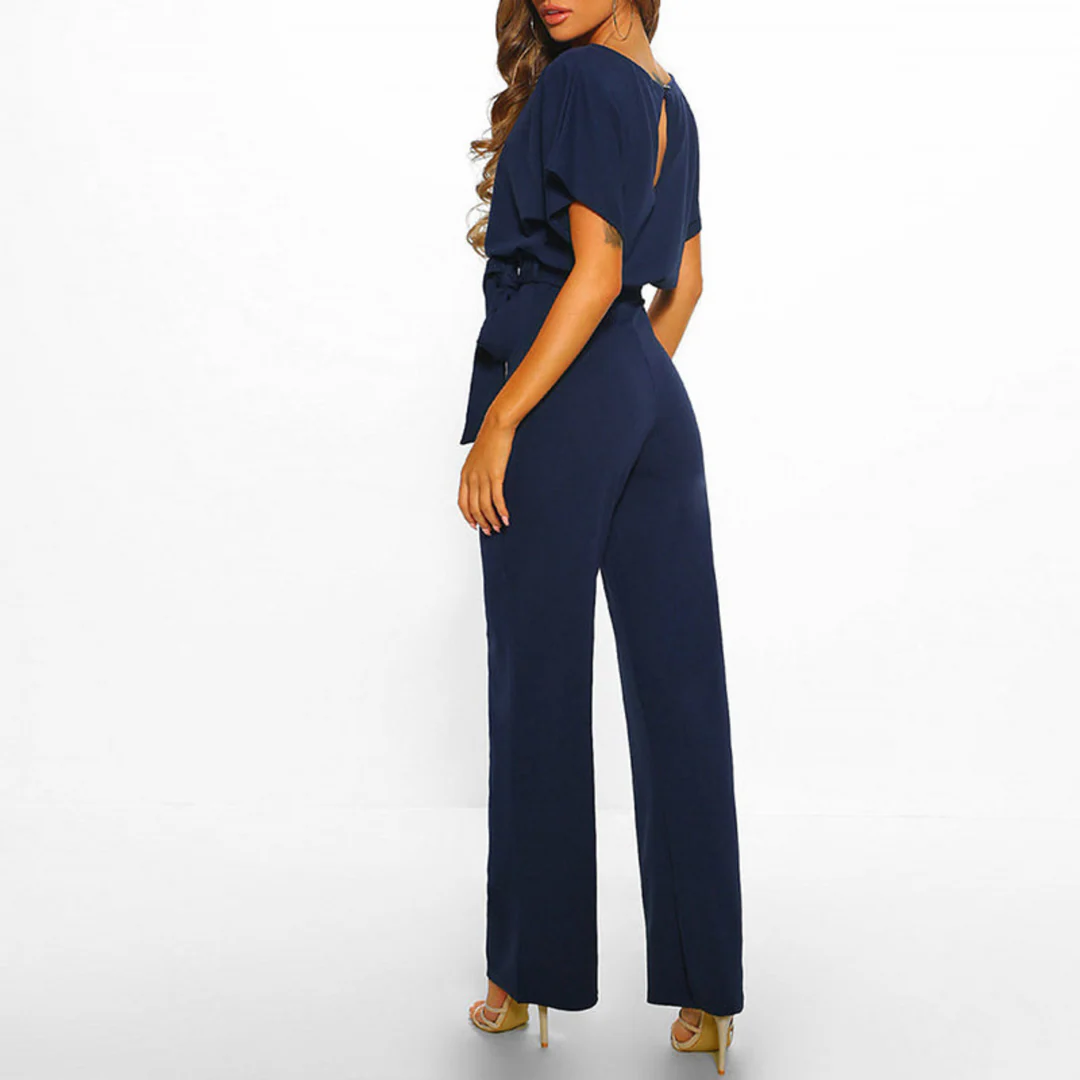 Women Short Sleeve Jumpsuit Wide Leg Tie Waist