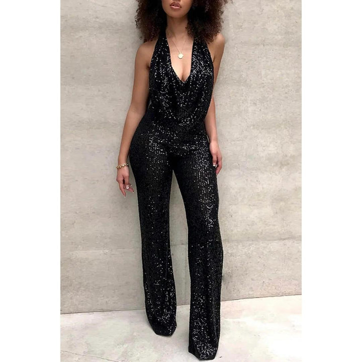 Women Sleeveless Jumpsuit Wide Leg V-Neck Sequin