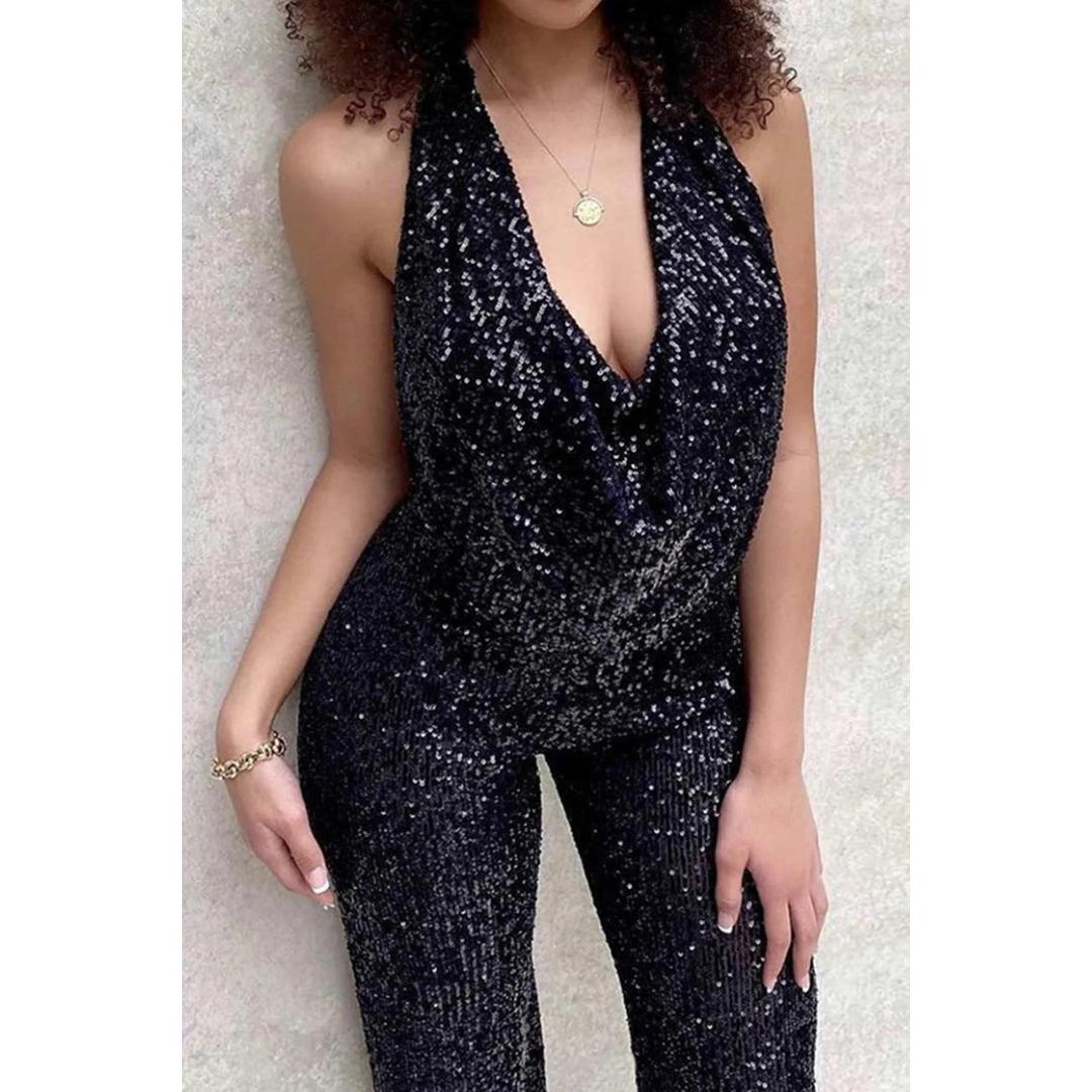 Women Sleeveless Jumpsuit Wide Leg V-Neck Sequin