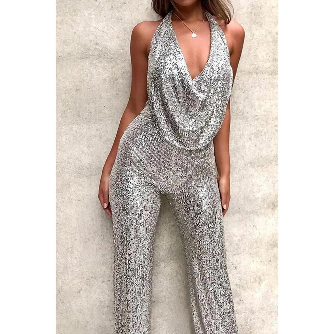 Women Sleeveless Jumpsuit Wide Leg V-Neck Sequin