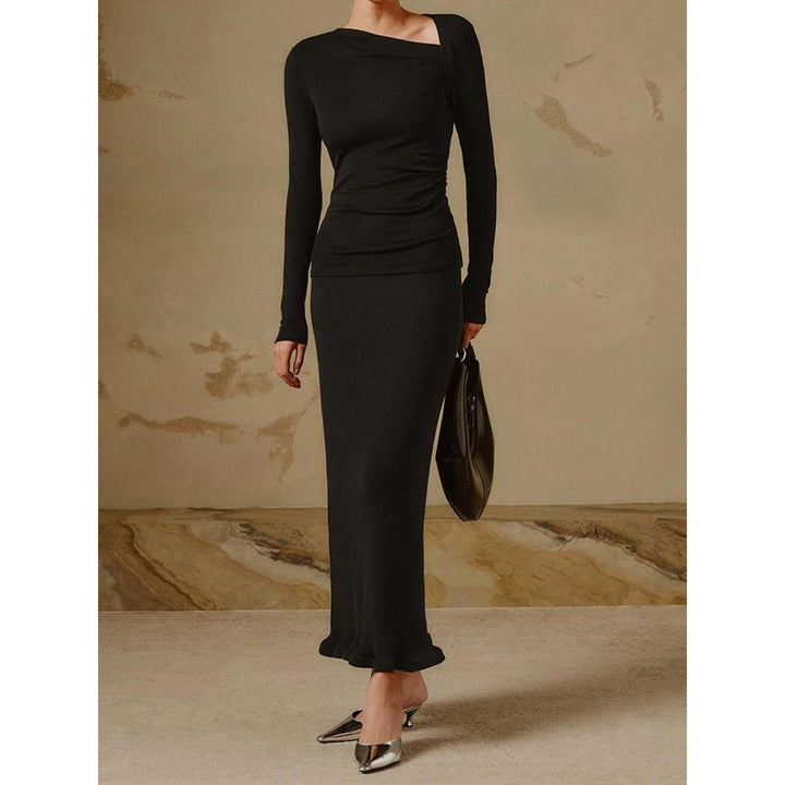 Women Solid Long Sleeve Asymmetrical Neck Top