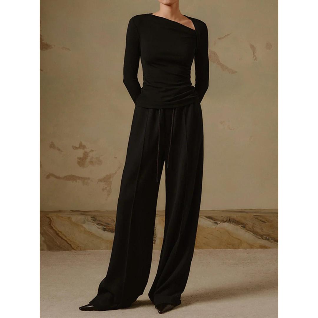 Women Solid Long Sleeve Asymmetrical Neck Top
