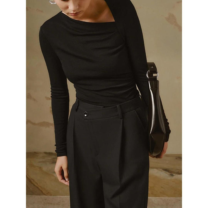 Women Solid Long Sleeve Asymmetrical Neck Top