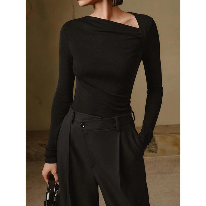 Women Solid Long Sleeve Asymmetrical Neck Top