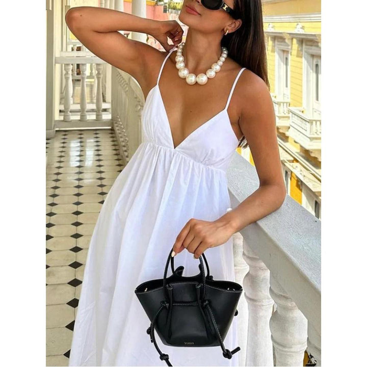Women Solid V Neck Sleeveless Open Back Long Dress