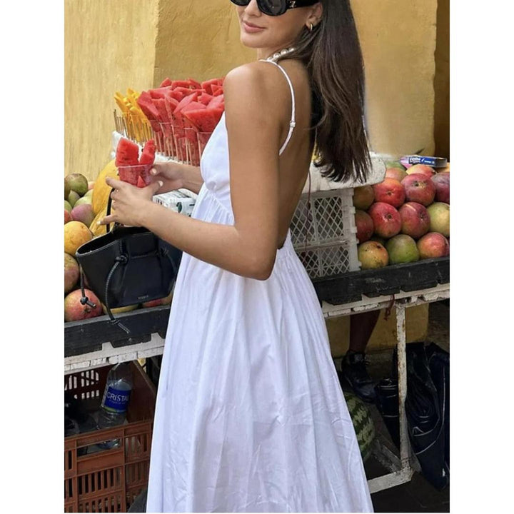 Women Solid V Neck Sleeveless Open Back Long Dress
