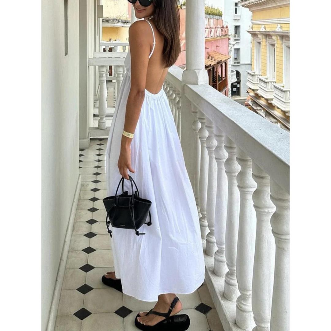 Women Solid V Neck Sleeveless Open Back Long Dress