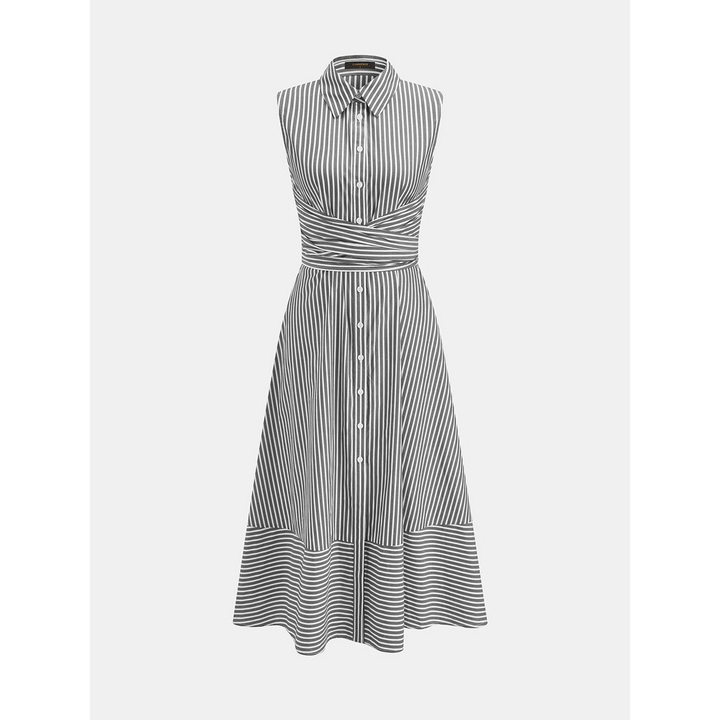 Women Sleeveless Striped Collared Tie Waist Midi Dress
