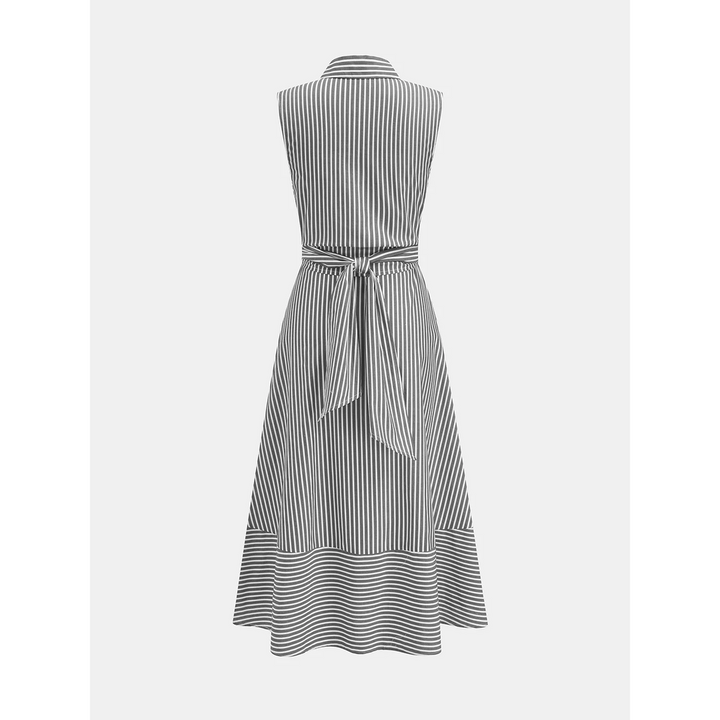 Women Sleeveless Striped Collared Tie Waist Midi Dress