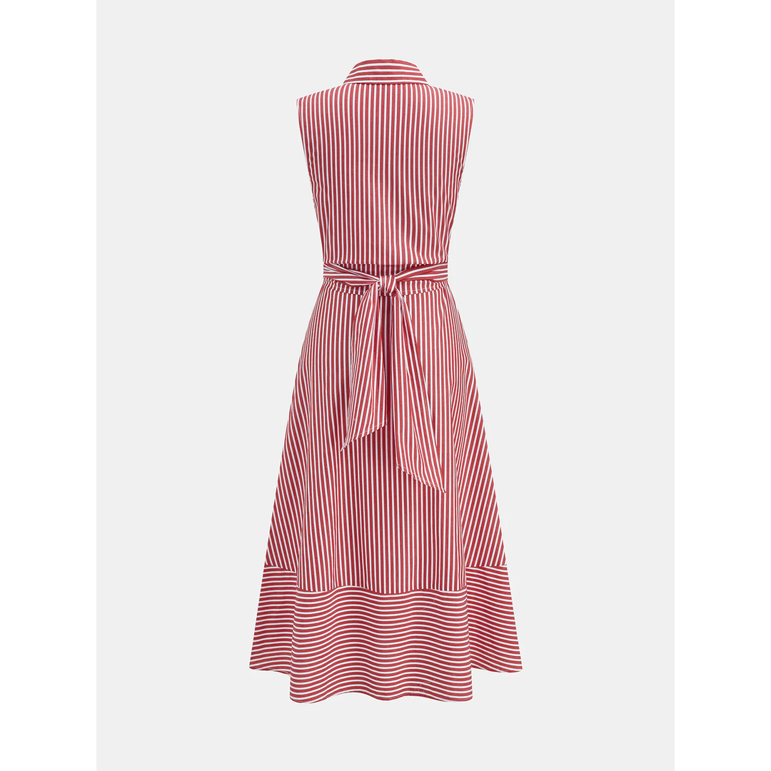 Women Sleeveless Striped Collared Tie Waist Midi Dress