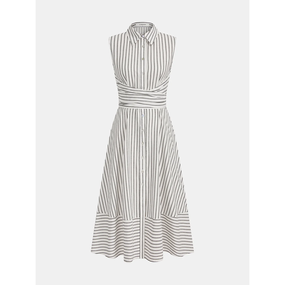 Women Sleeveless Striped Collared Tie Waist Midi Dress