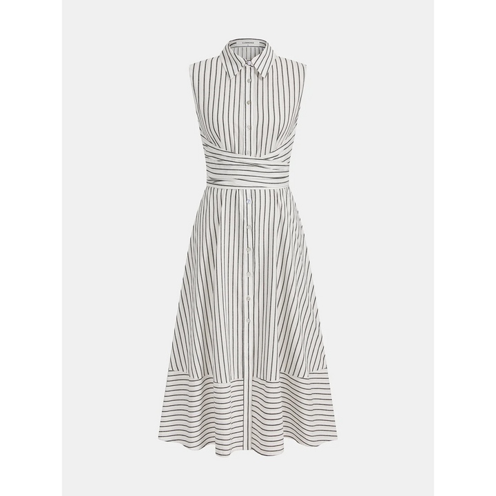 Women Sleeveless Striped Collared Tie Waist Midi Dress