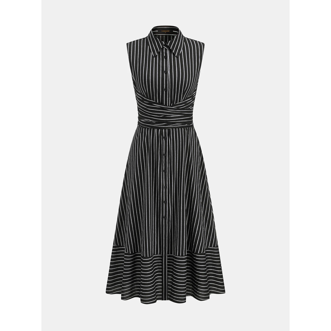 Women Sleeveless Striped Collared Tie Waist Midi Dress