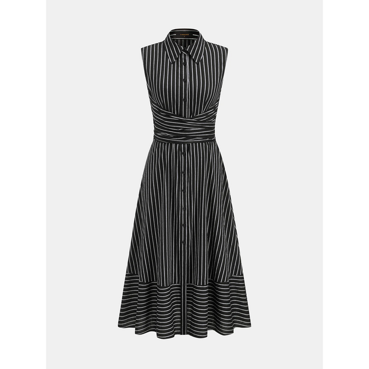 Women Sleeveless Striped Collared Tie Waist Midi Dress