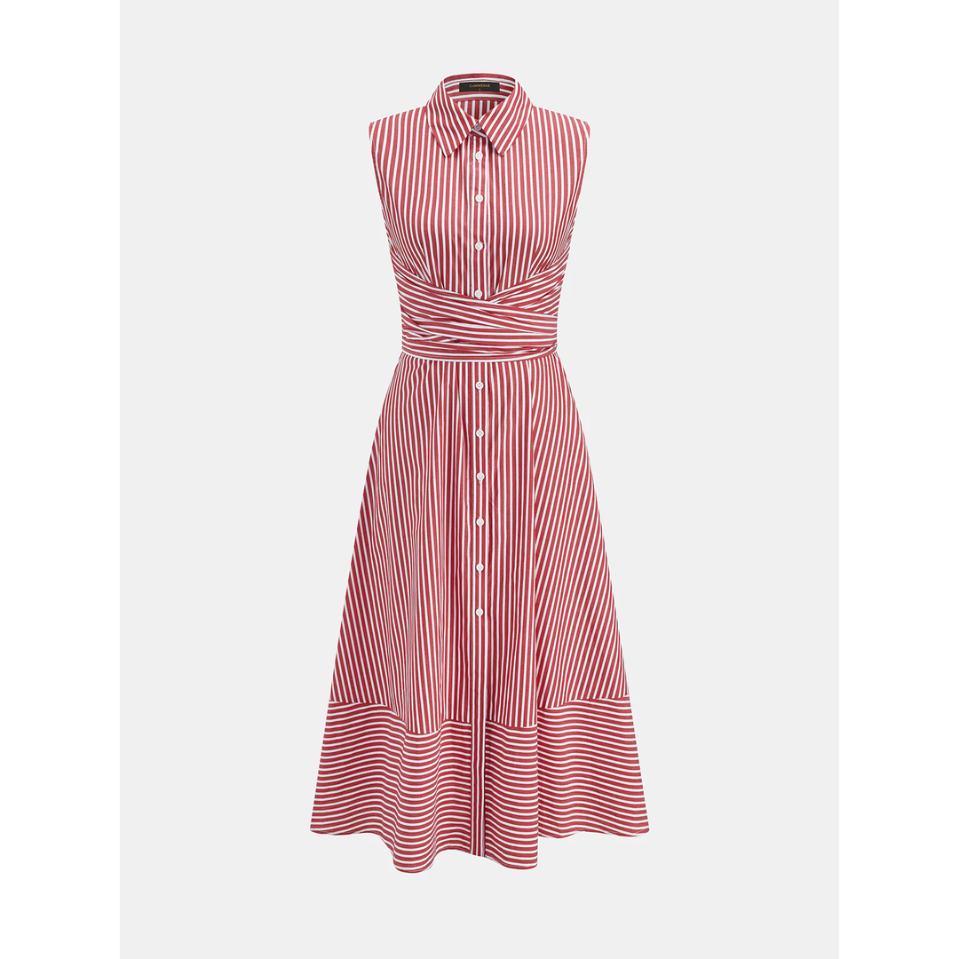 Women Sleeveless Striped Collared Tie Waist Midi Dress