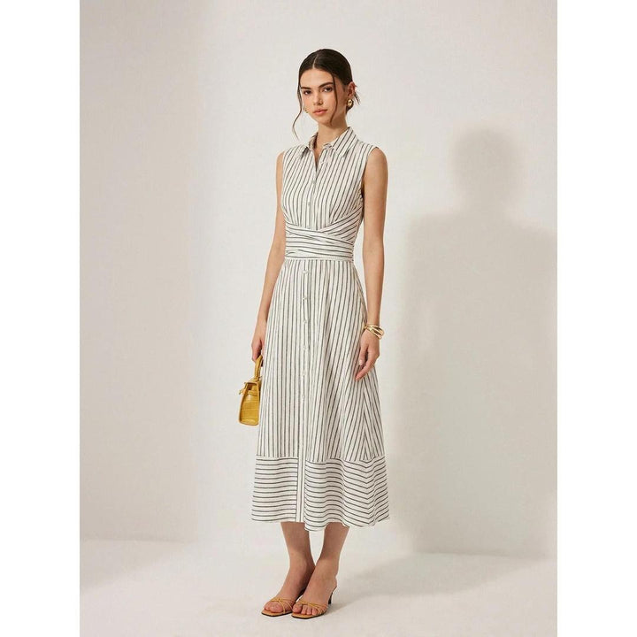 Women Sleeveless Striped Collared Tie Waist Midi Dress