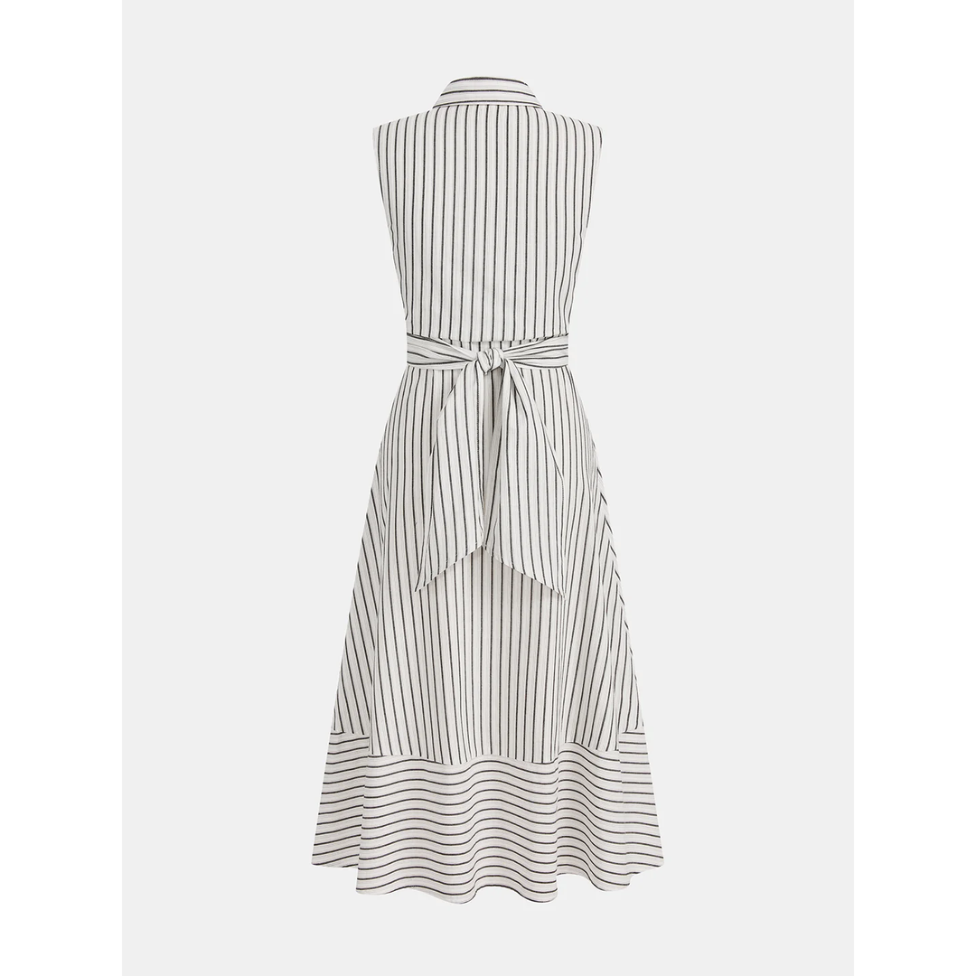 Women Sleeveless Striped Collared Tie Waist Midi Dress