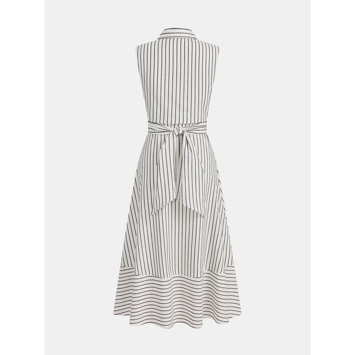 Women Sleeveless Striped Collared Tie Waist Midi Dress