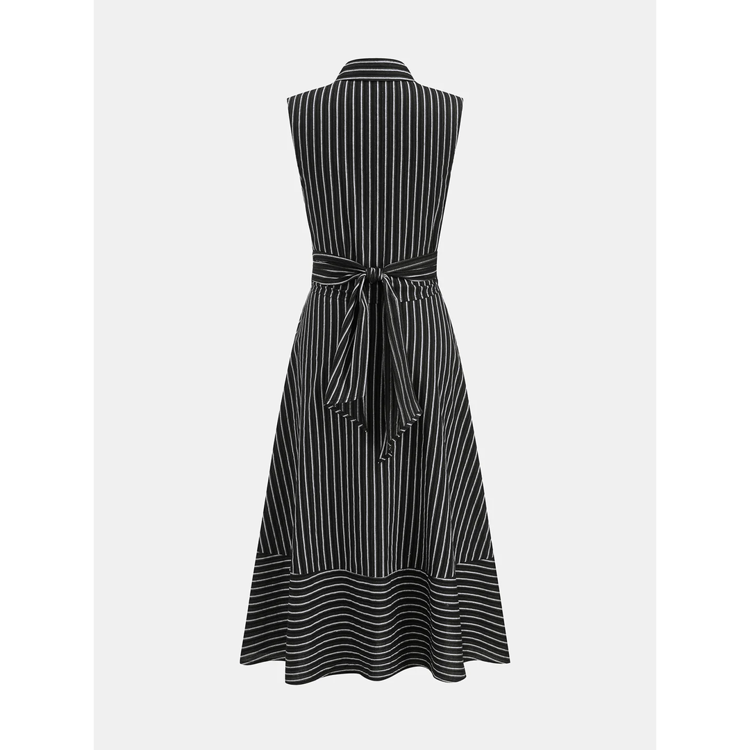 Women Sleeveless Striped Collared Tie Waist Midi Dress
