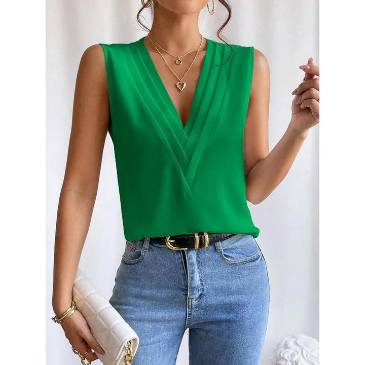 Women Top Solid Color V Neck Sleeveless