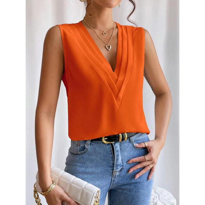 Women Top Solid Color V Neck Sleeveless