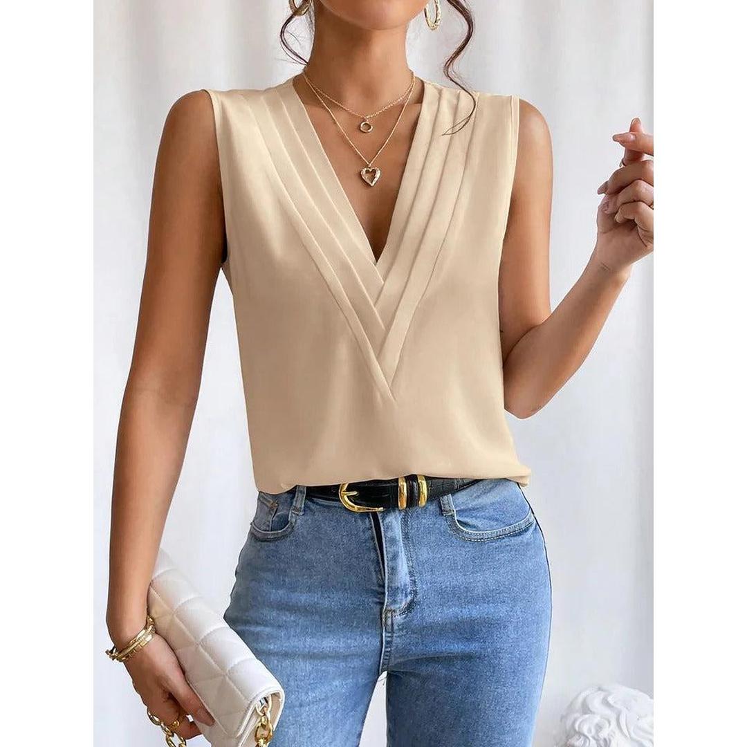 Women Top Solid Color V Neck Sleeveless