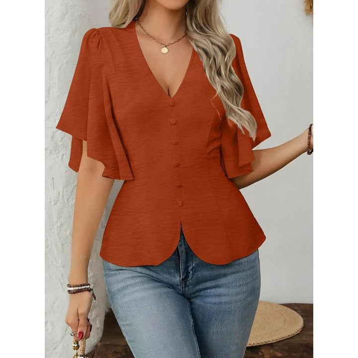 Women Blouse Solid Color V Neck Flare Sleeve