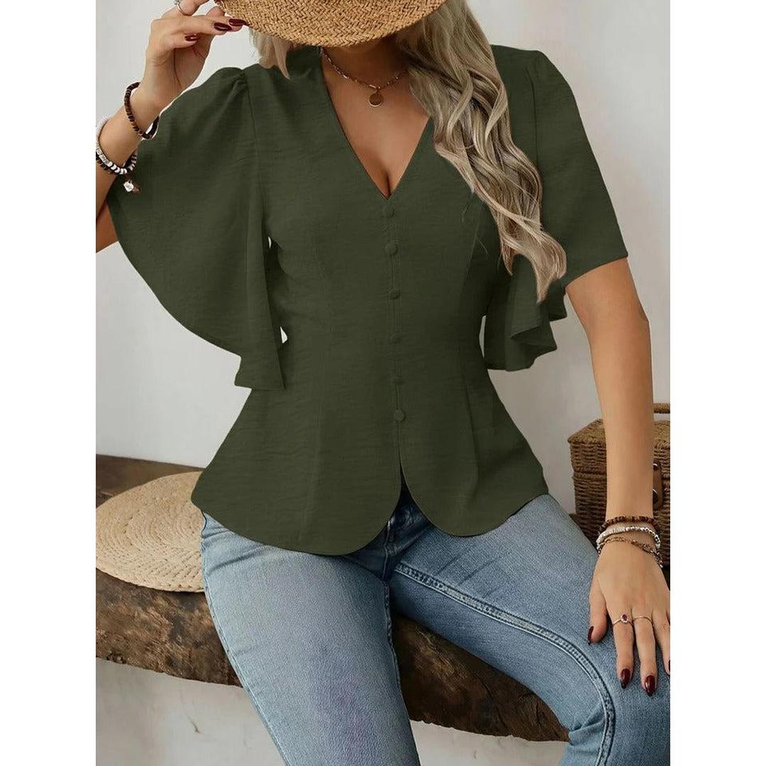 Women Blouse Solid Color V Neck Flare Sleeve