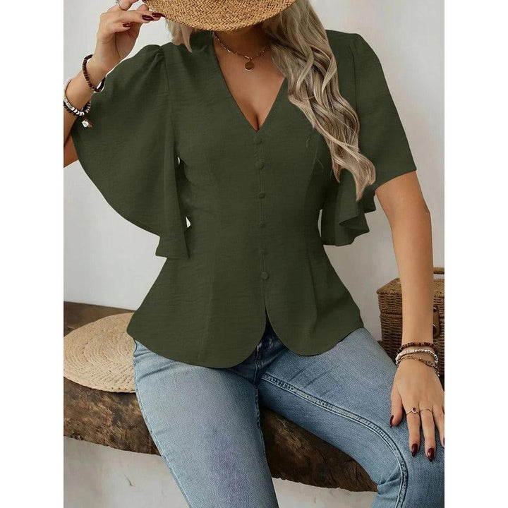 Women Blouse Solid Color V Neck Flare Sleeve