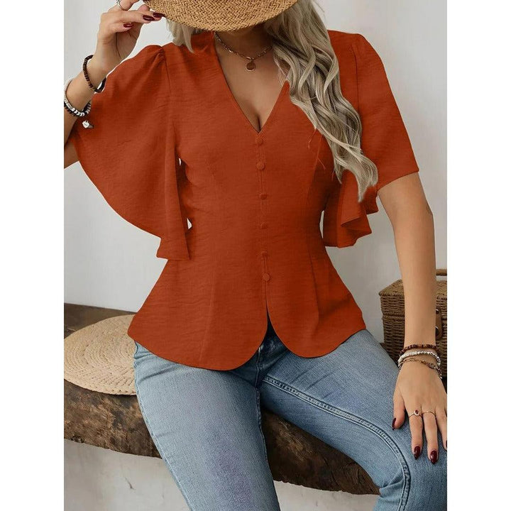 Women Blouse Solid Color V Neck Flare Sleeve