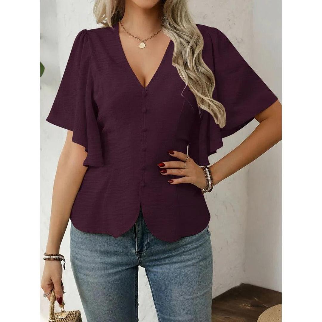 Women Blouse Solid Color V Neck Flare Sleeve