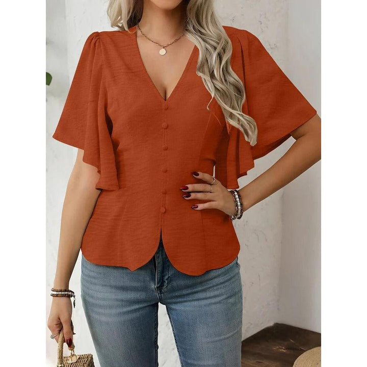 Women Blouse Solid Color V Neck Flare Sleeve