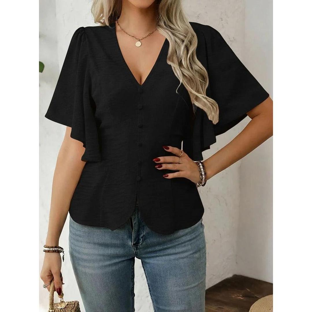 Women Blouse Solid Color V Neck Flare Sleeve