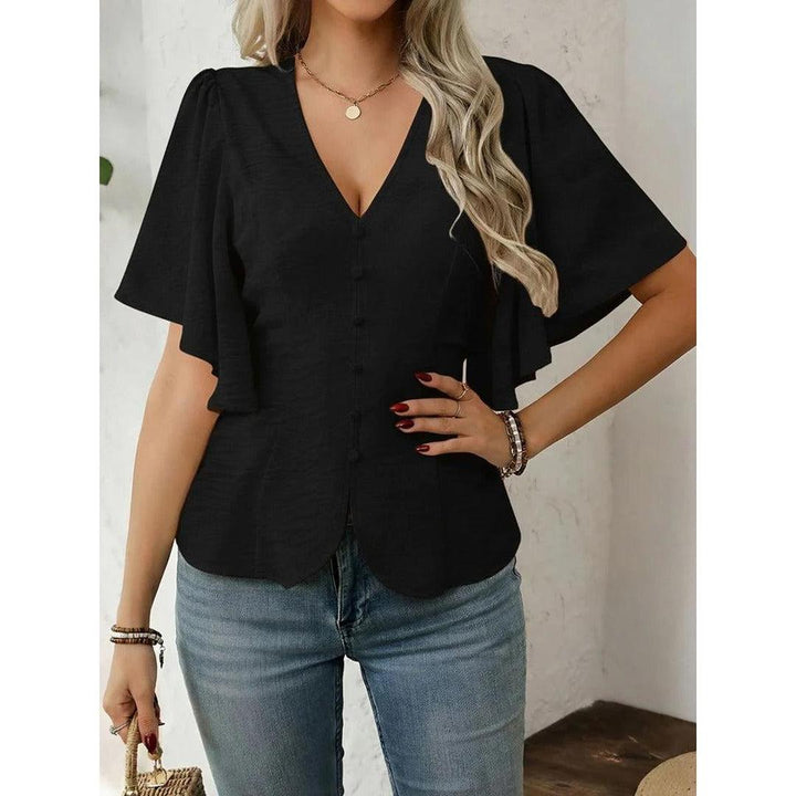 Women Blouse Solid Color V Neck Flare Sleeve