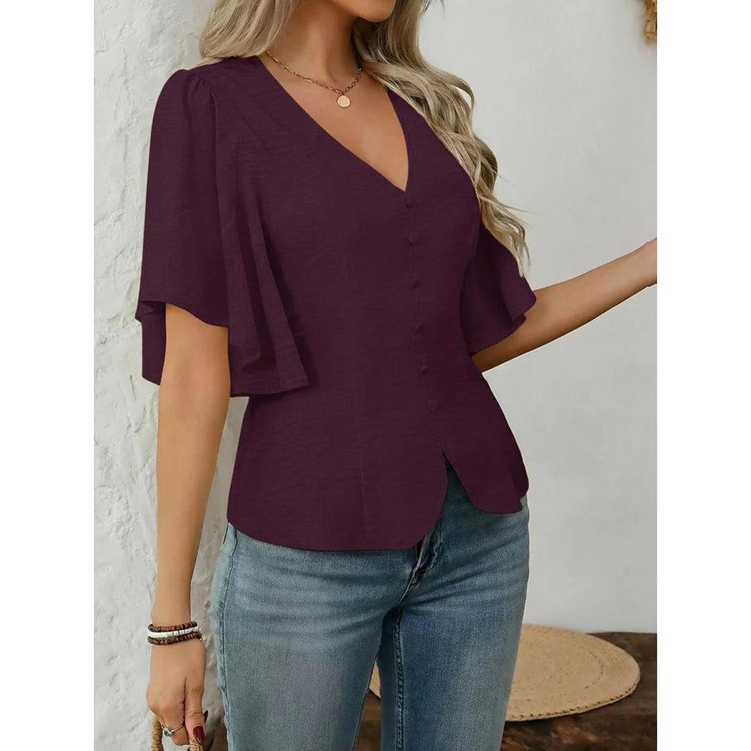 Women Blouse Solid Color V Neck Flare Sleeve