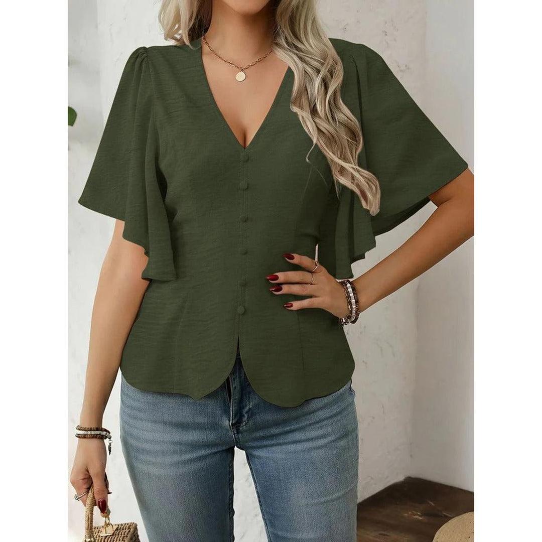 Women Blouse Solid Color V Neck Flare Sleeve