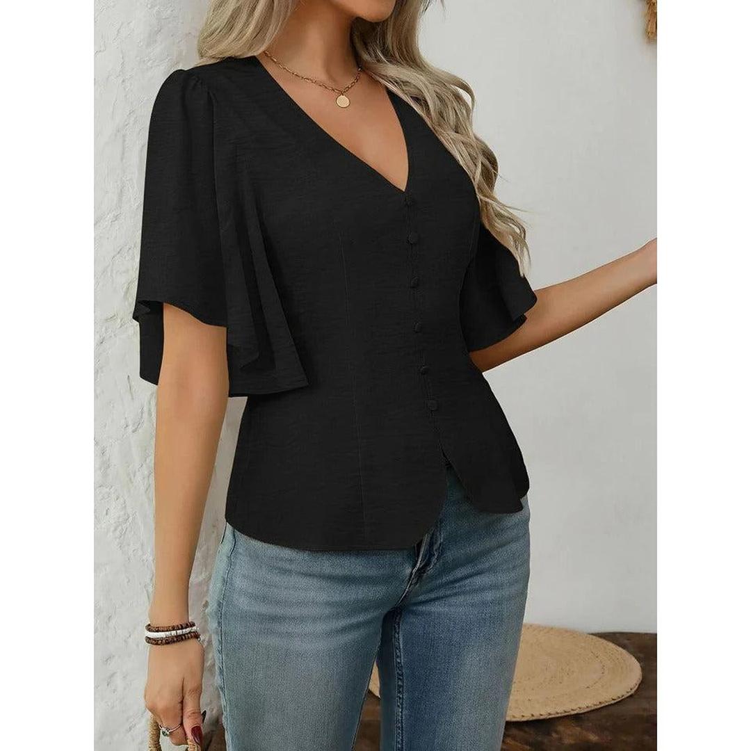 Women Blouse Solid Color V Neck Flare Sleeve