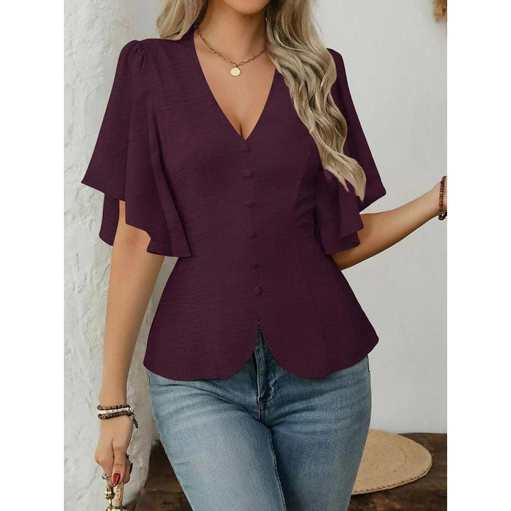 Women Blouse Solid Color V Neck Flare Sleeve