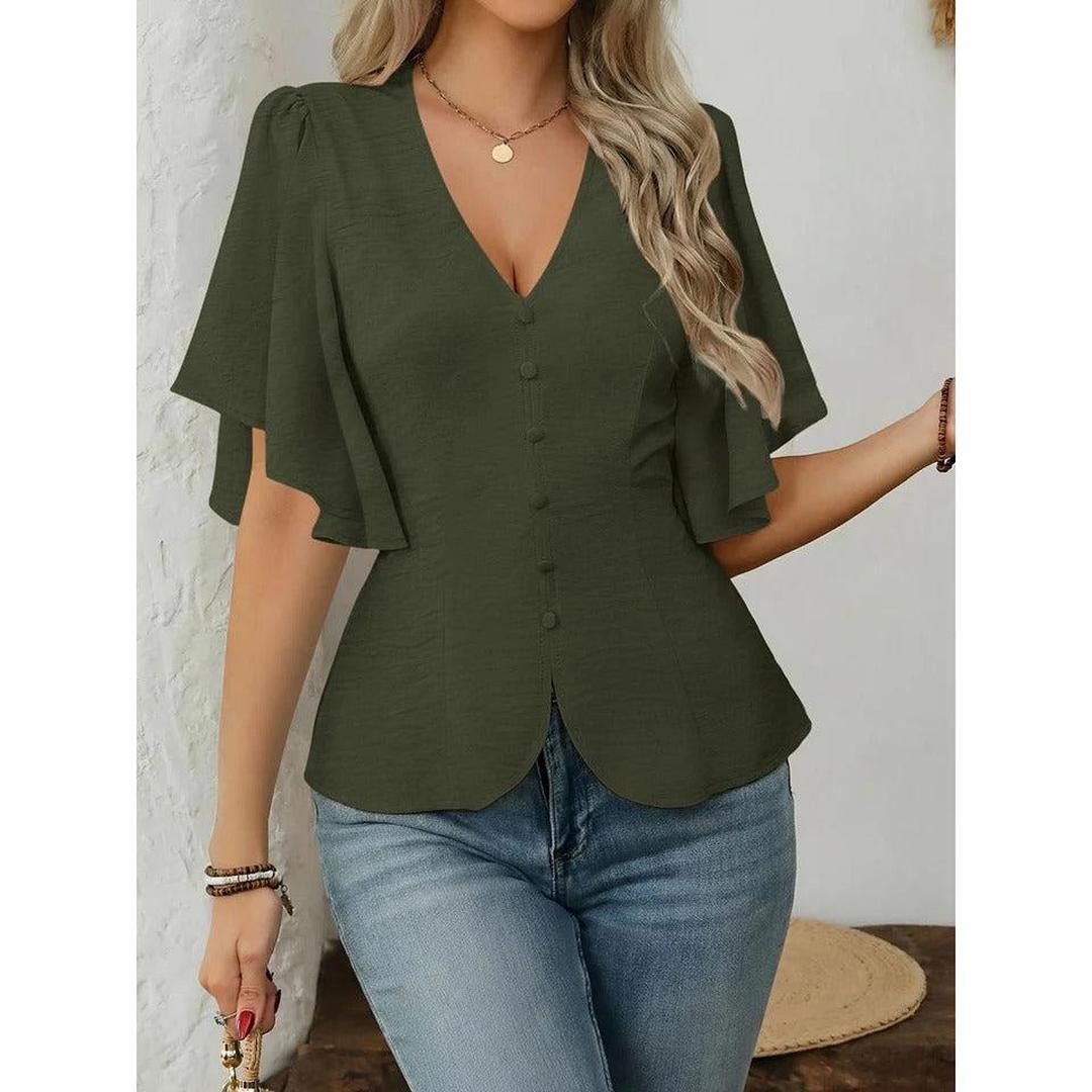 Women Blouse Solid Color V Neck Flare Sleeve